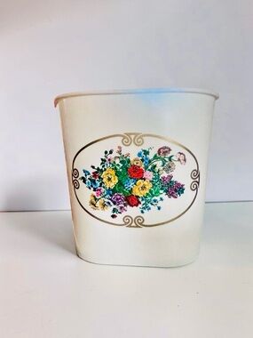 Vintage French Floral Trash Can Syla Plastic Cottage Decor Bin